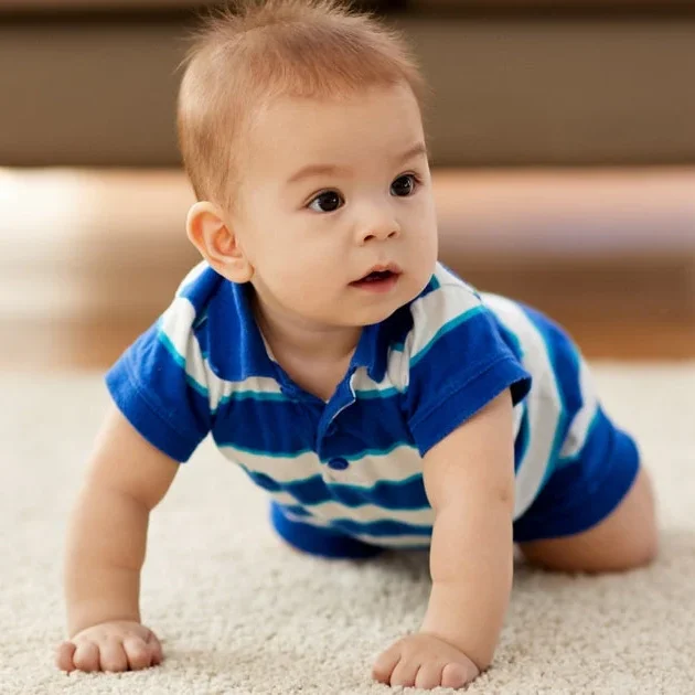 baby in striped t-shirt crawlling